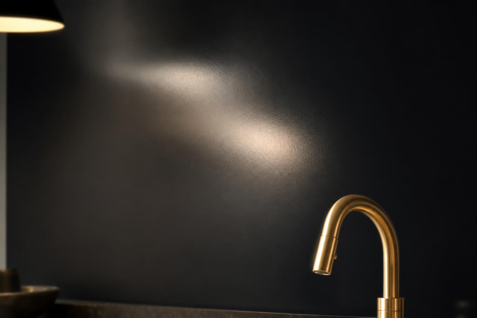 Soft ink satin kitchen wall with brass tap and pendant reflection